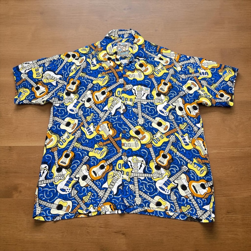 Vintage Mambo Loud Shirt Mens XL Blue Guitar Print Short‎ Sleeve Camp Shirt